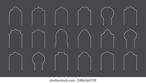 Ramadan Kareem and Eid Mubarak islamic arch, window, door, gate. Thin line vector frame shape.