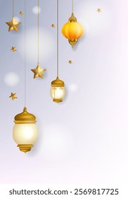 Ramadan Kareem, Eid Mubarak Islamic design with lamps, stars on white and grey background vector illustration. Design for greeting card, banner, event and poster.