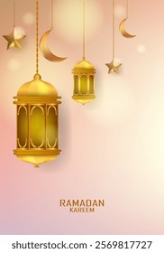 Ramadan Kareem, Eid Mubarak Islamic design with lamps, stars on white and grey background vector illustration. Design for greeting card, banner, event and poster.