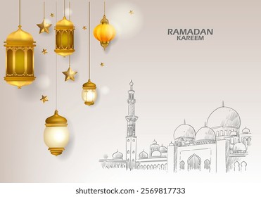 Ramadan Kareem, Eid Mubarak Islamic design with lamps, stars on white and grey background vector illustration. Design for greeting card, banner, event and poster.