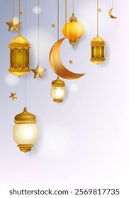 Ramadan Kareem, Eid Mubarak Islamic design with lamps, stars on white and grey background vector illustration. Design for greeting card, banner, event and poster.