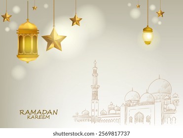 Ramadan Kareem, Eid Mubarak Islamic design with lamps, stars on white and grey background vector illustration. Design for greeting card, banner, event and poster.