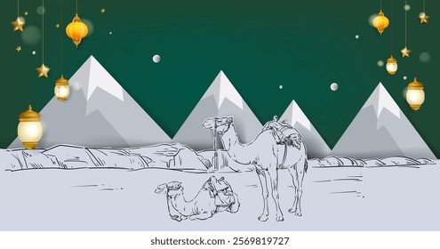 Ramadan Kareem, Eid Mubarak Islamic design with lamps, stars and camels on desert sketch vector illustration background. Design for greeting, card, event, banner and poster.