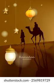 Ramadan Kareem, Eid Mubarak Islamic design with lamps, stars and camels on desert sketch vector illustration background. Design for greeting, card, event, banner and poster.