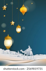 Ramadan Kareem, Eid Mubarak Islamic design with lamps, stars and camels on desert sketch vector illustration background. Design for greeting, card, event, banner and poster.