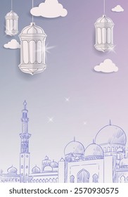 Ramadan Kareem or Eid Mubarak Islamic design with lantern, lamp, light and cressent moon background vector illustration for poster, banner, greeting, cards and event.