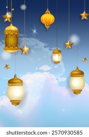 Ramadan Kareem or Eid Mubarak Islamic design with lantern, lamp, light and cressent moon background vector illustration for poster, banner, greeting, cards and event.