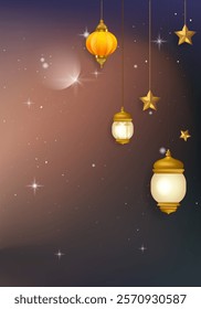 Ramadan Kareem or Eid Mubarak Islamic design with lantern, lamp, light and cressent moon background vector illustration for poster, banner, greeting, cards and event.