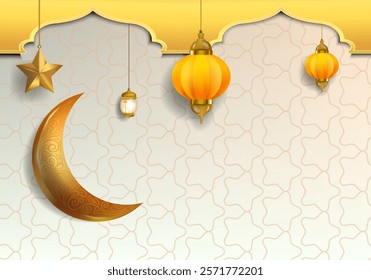 Ramadan Kareem or Eid Mubarak Islamic design with lantern lamp light and cressent moon vector illustration background. Design for greeting, cards, event, poster and banner.