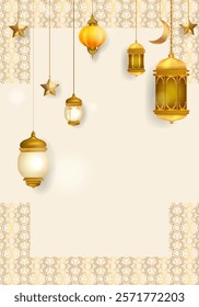 Ramadan Kareem or Eid Mubarak Islamic design with lantern lamp light and cressent moon vector illustration background. Design for greeting, cards, event, poster and banner.