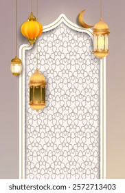 Ramadan Kareem or Eid Mubarak Islamic design with lantern lamp light and cressent moon vector illustration background. Design for greeting, cards, event, poster and banner.