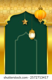 Ramadan Kareem or Eid Mubarak Islamic design with lantern lamp light and cressent moon vector illustration background. Design for greeting, cards, event, poster and banner.