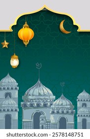 Ramadan Kareem or Eid Mubarak Islamic icon with mosque, lantern, lamp, cressent moon vector illustration background vector design.