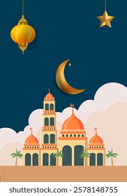 Ramadan Kareem or Eid Mubarak Islamic icon with mosque, lantern, lamp, cressent moon vector illustration background vector design.