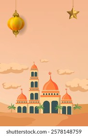 Ramadan Kareem or Eid Mubarak Islamic icon with mosque, lantern, lamp, cressent moon vector illustration background vector design.