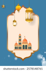 Ramadan Kareem or Eid Mubarak Islamic icon with mosque, lantern, lamp, cressent moon vector illustration background vector design.