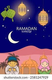 Ramadan Kareem or Eid Mubarak Islamic icon with mosque, lantern, lamp, cressent moon vector illustration background vector design.