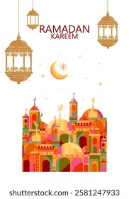 Ramadan Kareem or Eid Mubarak Islamic icon with mosque, lantern, lamp, cressent moon vector illustration background vector design.