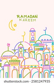 Ramadan Kareem or Eid Mubarak Islamic icon with mosque, lantern, lamp, cressent moon vector illustration background vector design.