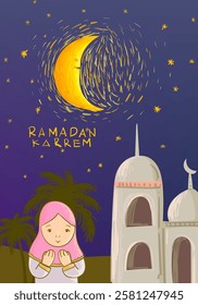 Ramadan Kareem or Eid Mubarak Islamic icon with mosque, lantern, lamp, cressent moon vector illustration background vector design.