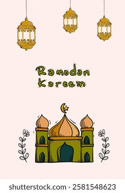 Ramadan Kareem or Eid Mubarak Islamic icon with mosque, lantern, lamp, cressent moon vector illustration background vector design.