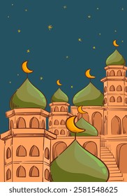 Ramadan Kareem or Eid Mubarak Islamic icon with mosque, lantern, lamp, cressent moon vector illustration background vector design.