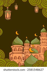 Ramadan Kareem or Eid Mubarak Islamic icon with mosque, lantern, lamp, cressent moon vector illustration background vector design.