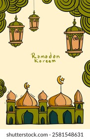 Ramadan Kareem or Eid Mubarak Islamic icon with mosque, lantern, lamp, cressent moon vector illustration background vector design.