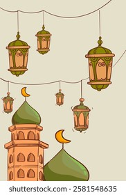 Ramadan Kareem or Eid Mubarak Islamic icon with mosque, lantern, lamp, cressent moon vector illustration background vector design.