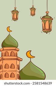 Ramadan Kareem or Eid Mubarak Islamic icon with mosque, lantern, lamp, cressent moon vector illustration background vector design.