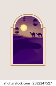 Ramadan Kareem or Eid Mubarak Islamic icon with camel, lantern, lamp, cressent moon vector illustration background vector design poster, greeting, cards and banner.