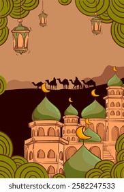 Ramadan Kareem or Eid Mubarak Islamic icon with camel, lantern, lamp, cressent moon vector illustration background vector design poster, greeting, cards and banner.