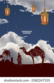Ramadan Kareem or Eid Mubarak Islamic icon with camel, lantern, lamp, cressent moon vector illustration background vector design poster, greeting, cards and banner.