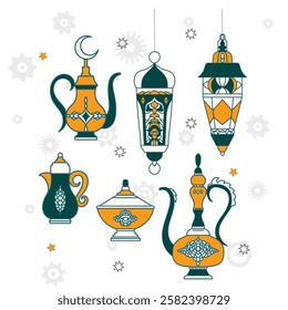 Ramadan Kareem! Eid Mubarak! Islamic holiday vector illustrations, Arabic architecture, mosque, objects and background for a poster, banner or card