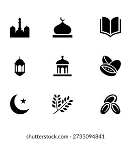 Ramadán Kareem y Eid Mubarak Conjunto de iconos islámicos Silueta Mezquita Corán Linterna y fechas
