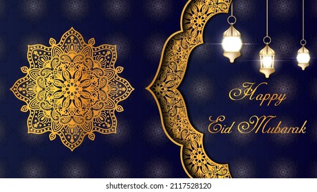 Ramadan Kareem y Eid Mubarak en un estilo lujoso con mandala dorada en un fondo oscuro para Ramadan Mubarak