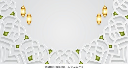 Ramadan Kareem Eid Mubarak Luxus weißes Design. Islamisches Hintergrundbanner mit dekorativer Umrandung. Übersetzung. "Moslemischer Fastenmonat und Feiertag nach dem Fasten."