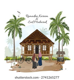 Ramadan Kareem and Eid Mubarak Malay Village Homecoming Illustration featuring a traditional Malay village house decorated with festive lights, as two women return home in a nostalgic kampung setting. Perfect for greeting cards, social media posts, festive campaigns, and Islamic holiday designs inspired by Southeast Asian culture.