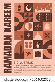 Ramadan Kareem. Eid Mubarak. Minimal vintage 20s geometric design poster with traditional shapes elements. Neo geometrical pattern. Vector illustration in bauhaus minimalist style. Ramadan month.