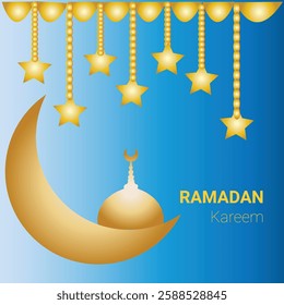 Ramadan kareem and eid mubarak with moon mosque on gradient background.