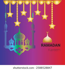 Ramadan kareem and eid mubarak with moon mosque on gradient background.
