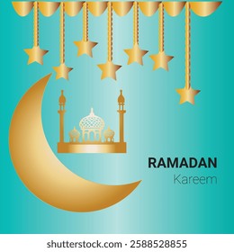 Ramadan kareem and eid mubarak with moon mosque on gradient background.