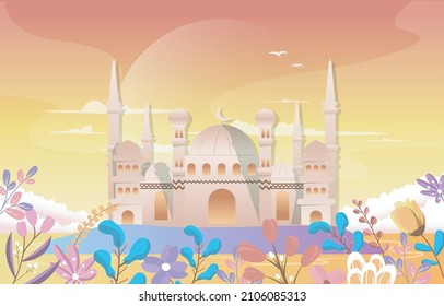 Ramadán Kareem Eid Mubarak La naturaleza de la mezquita Celebración islámica Ilustración