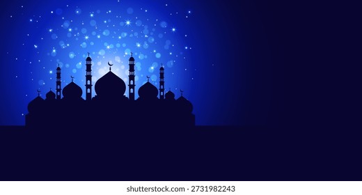 Projeto da mesquita Ramadã Kareem Eid Mubarak. Banner de espaço de cópia de fundo islâmico com mesquita noturna brilhante. Tradução. "Mês de jejum muçulmano e dia de celebração após o jejum."