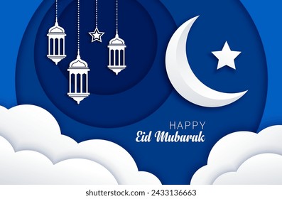 Ramadan Kareem, papel de Eid Mubarak cortado con luna creciente y estrellas en el cielo, lámparas de farolillos árabes. Celebración de Eid Mubarak, Ramadán religioso o musulmán festivo cortado en papel vector de fondo o pancarta