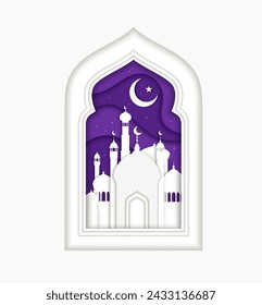 Ramadan Kareem, Eid Mubarak tarjeta de felicitación cortada en papel con la ventana del arco de la mezquita musulmana y el cielo de la luna creciente. Celebración de Ramadán, festividad de Eid Mubarak o concepto religioso musulmán de vector de corte de papel