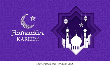 Ramadan kareem eid mubarak cortó los saludos de las fiestas. Vector bandera religiosa musulmana con mezquita dentro de marco en forma de estrella y media luna que simboliza la estación sagrada, deseando felicidad y prosperidad