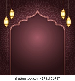 Ramadan Kareem Eid Mubarak mit Muster-Design. Islamisches Hintergrundbanner mit dekorativem Bogenrand. Übersetzung. "Moslemischer Fastenmonat und Feiertag nach dem Fasten."