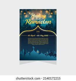 Ramadan Kareem or Eid Mubarak poster, Flyer, invitation, banner or greeting card design template. Beautiful minaret of Muslim mosque on blue background. Traditional Islamic holiday. Place for text.