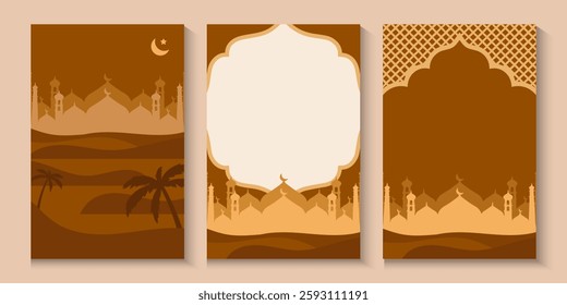 Ramadan Kareem or Eid mubarak poster, holiday cover set. Islamic greeting card, banner template with copy space. Modern design with geometric pattern in trendy warming brown,green, white colors